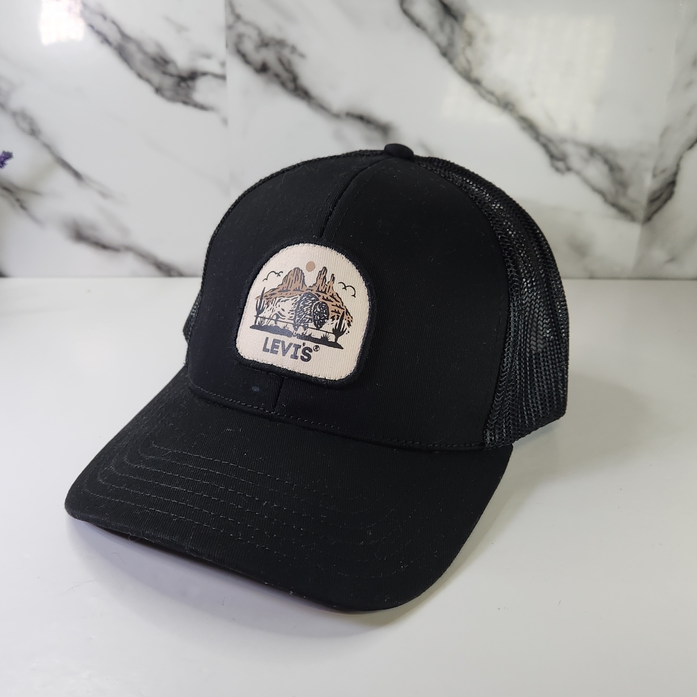 Levi's Black Trucker Cap with Mountain Patch Adjustable Hat